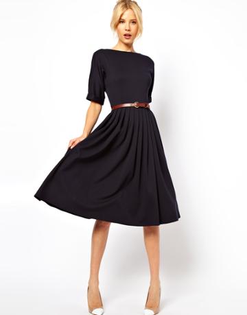 Asos Midi Dress With Full Skirt And Belt