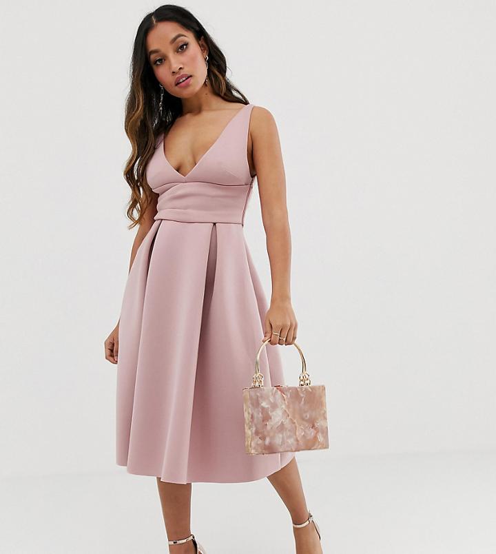 Asos Design Petite Prom Midi Dress With Wrap Waist Detail-pink