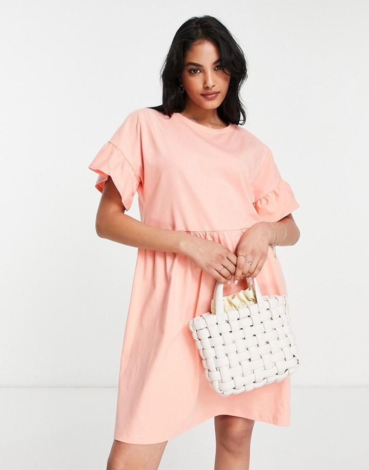 River Island Tiered Smock Mini Dress In Coral-orange