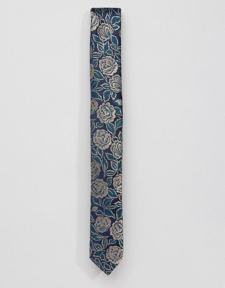Asos Silk Wedding Tie In Floral Design - Navy