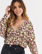 Asos Design Wrap Top In Slinky Fabric With Batwing Sleeve In Ditsy-multi
