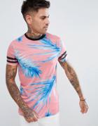 Asos Design T-shirt With All Over Floral Print And Stripe Sleeves - Pink