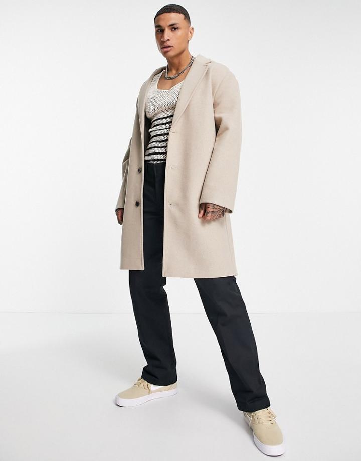 Asos Design Relaxed Fit Longline Wool Mix Overcoat In Ecru-white