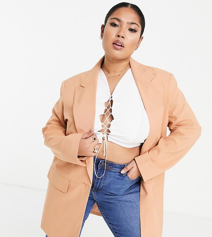 Asos Design Curve Long Line Perfect Blazer In Blush-neutral