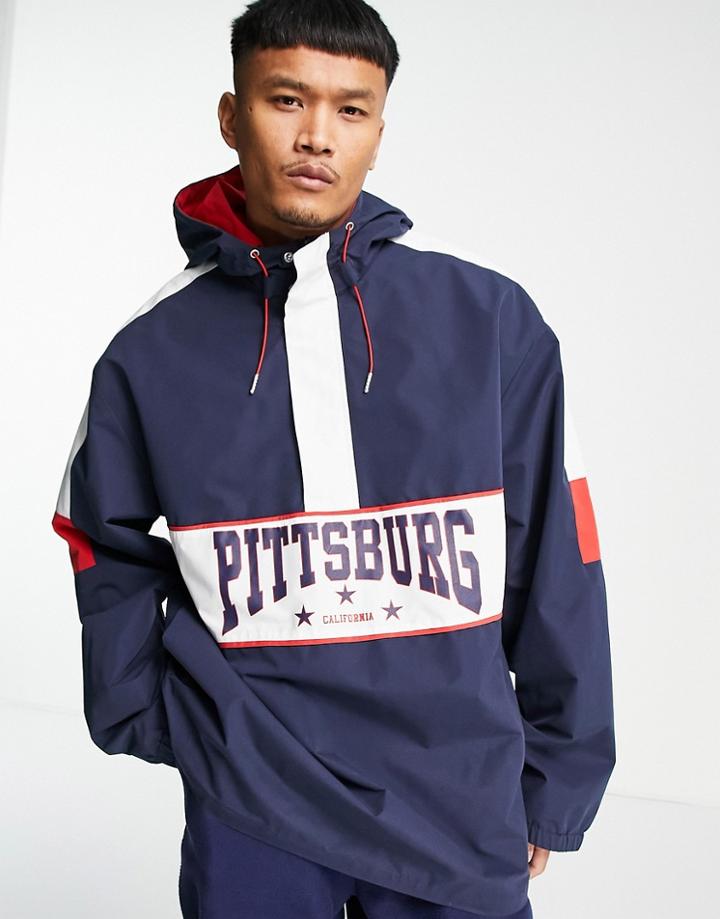 Asos Design Extreme Oversized Rain Jacket In Collegiate Print-navy