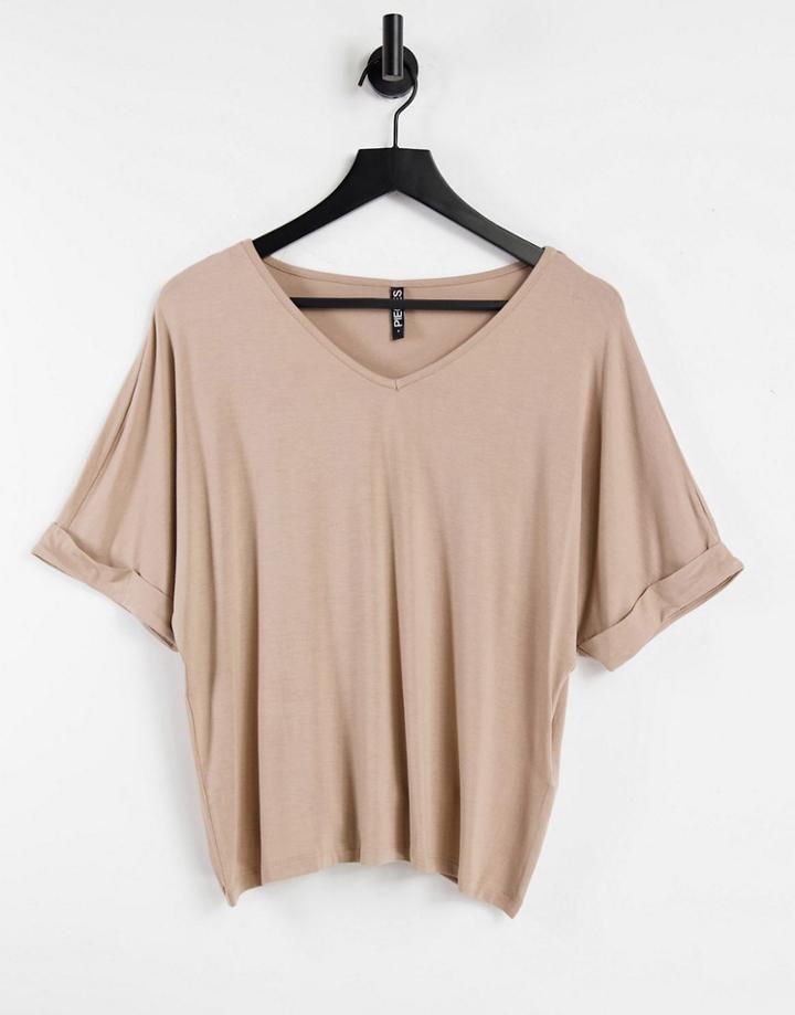 Pieces V-neck Oversized T-shirt In Beige-neutral