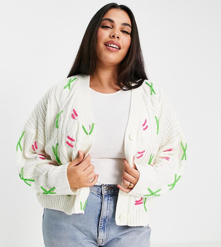 Native Youth Plus Oversized Cardigan With Contrast Neon Stitching In Cable Knit-white