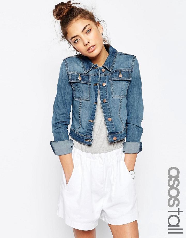 Asos Tall Denim Shrunken Jacket In Mid Blue Wash - Blue