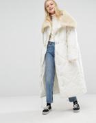 Monki Oversized Maxi Padded Jacket With Fur Collar - White