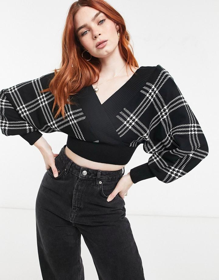 Qed London Cropped Wrap Front Sweater In Monochrome Check-black