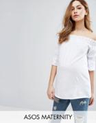 Asos Maternity Off Shoulder Shirred Top With Flared Sleeve - White