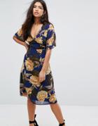 Missguided Floral Short Sleeve Midi Dress - Navy
