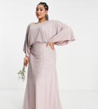 Frock And Frill Plus Bridesmaid Maxi Dress With Exaggerated Sleeves In Dusty Mauve-pink