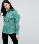 Influence Tall High Neck Ruffle Front Blouson Sleeve Top In Floral Print - Green