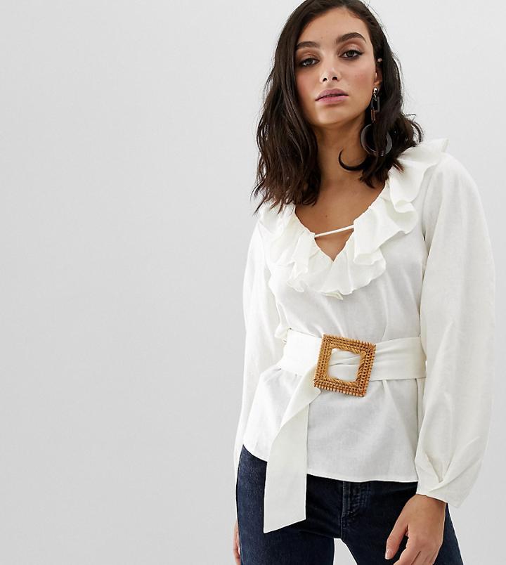 Asos Design Long Sleeve Ruffle V Neck Blouse With Wicker Belt Detail In Linen - White
