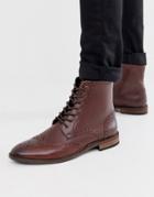 Asos Design Brogue Boots In Brown Leather With Natural Sole
