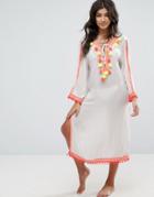 America & Beyond Neon Pom Trim Beach Dress - White
