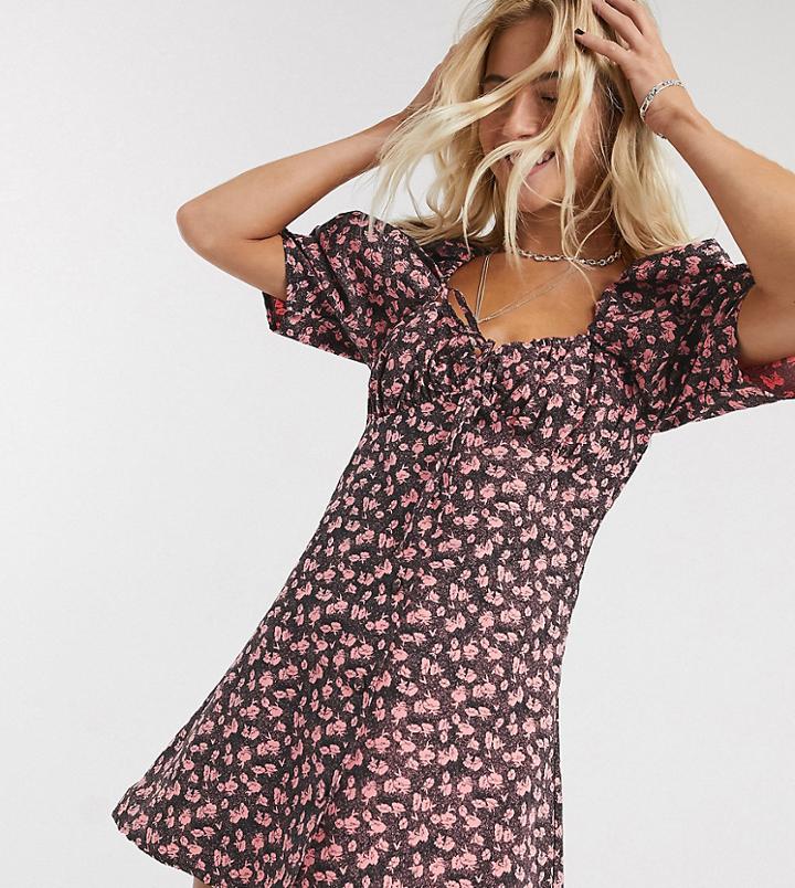 Reclaimed Vintage Inspired Tie Front Dress With Puff Sleeve In Ditsy Floral-black
