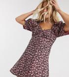Reclaimed Vintage Inspired Tie Front Dress With Puff Sleeve In Ditsy Floral-black