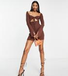 Missguided Tall Knitted Cut Out Mini Dress In Chocolate-brown