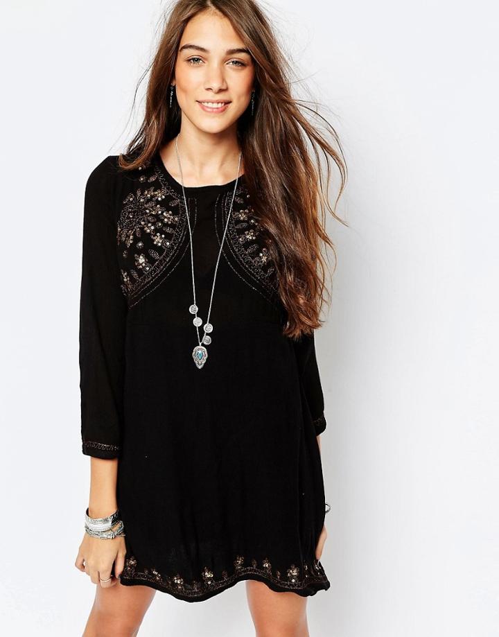 Pull & Bear Embroidered Black Dress - Black