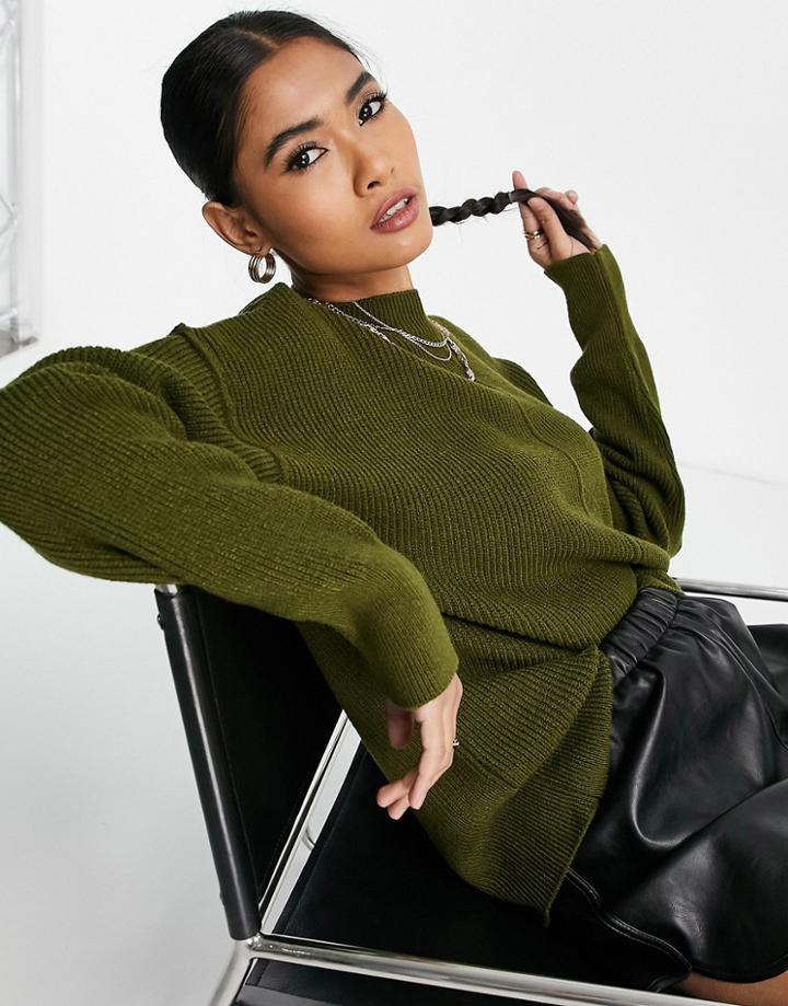 Topshop Knit Casual Crew Neck Sweater In Khaki-green