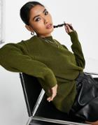 Topshop Knit Casual Crew Neck Sweater In Khaki-green