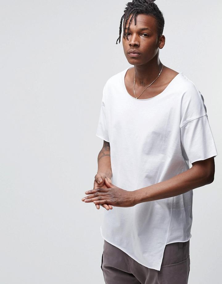 Asos Oversized T-shirt With Raw Scoop Neck And Layered Hem - White