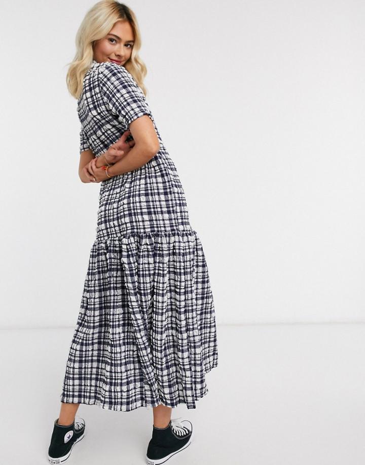 Monki Berna Seersucker Check Dress In Blue-blues