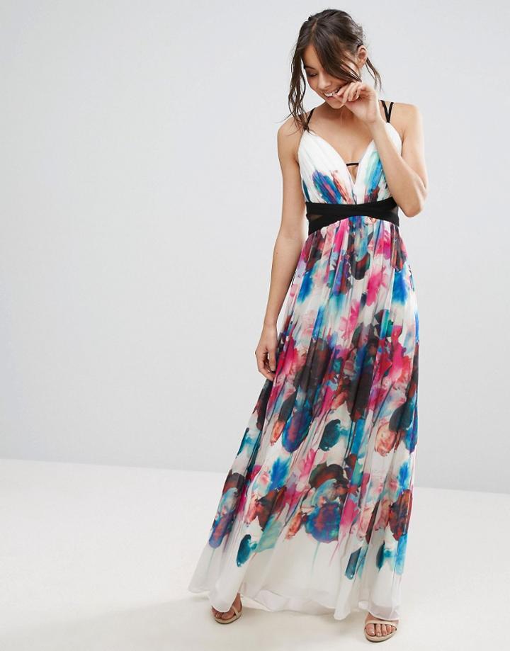 Little Mistress Watercolour Print Cut Out Maxi Dress - Multi