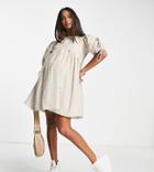 Influence Maternity Puff Sleeve Mini Dress In Beige Gingham-neutral