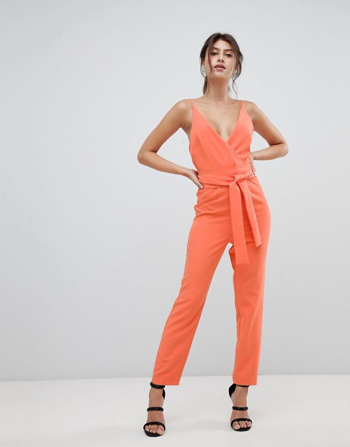 Asos Design Wrap Front Jumpsuit With Peg Leg And Self Belt