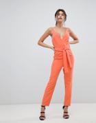 Asos Design Wrap Front Jumpsuit With Peg Leg And Self Belt