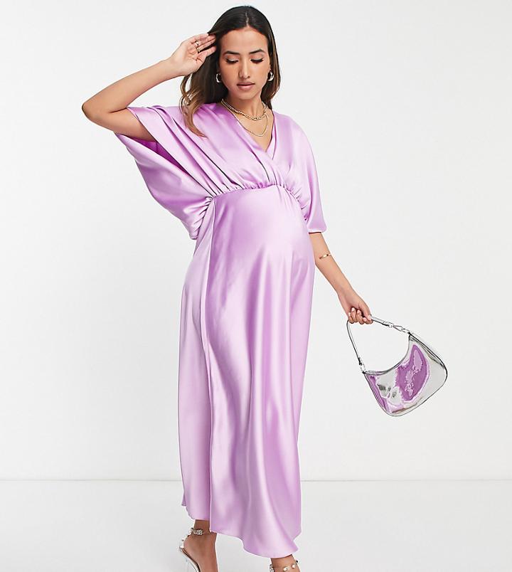 Asos Design Maternity Wrap Front Batwing Sleeve Satin Midi Dress In Lilac-purple