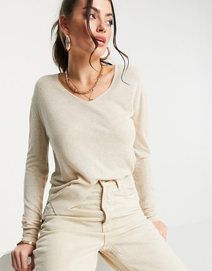 Selected V-neck Knit Top In Cream-white
