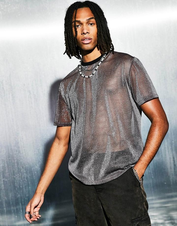 Asos Design Relaxed T-shirt In Bronze Metallic Mesh-brown