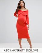 Asos Maternity Origami Pleated Bardot Dress In Scuba - Red