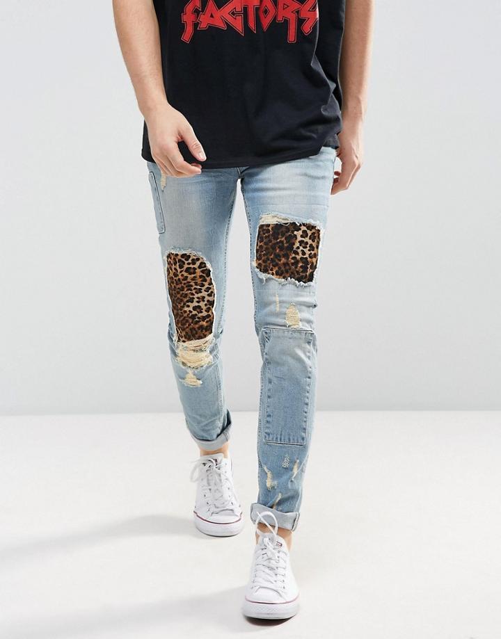 Asos Skinny Jeans In Light Wash Blue With Punk Patches And Rips - Blue