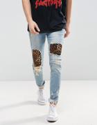 Asos Skinny Jeans In Light Wash Blue With Punk Patches And Rips - Blue