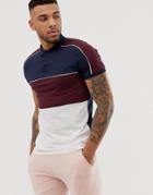 Asos Design Organic Cotton Polo Shirt With Color Block And Contrast Interest Fabric In White - Navy