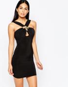 City Goddess Cross Front Mini Dress With Gold Disc Detail - Black