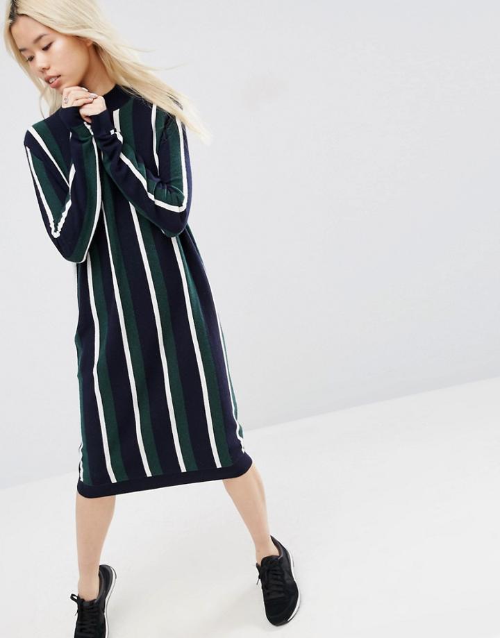Asos White Knitted Cashmere Mix Collegiate Stripe Midi Dress - Multi