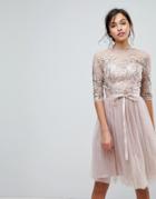 Chi Chi London High Neck Tulle Midi Dress With Cut Out Back Detail - Brown