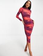 Asos Design Minimal Back Long Sleeve Ruched Midi Dress In Red Tie Dye Print-multi