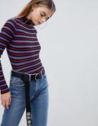 Bershka Striped Funnel Neck Sweater In Multi - Red