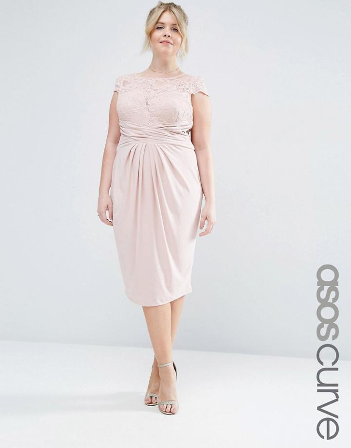 Asos Curve Wedding Lace Top Pleated Midi Dress - Blush