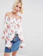Asos Off Shoulder Top With Shirring In White Floral - Multi