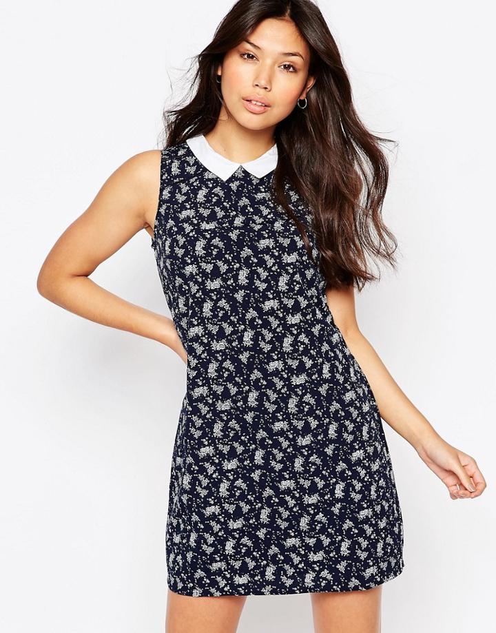 Yumi Ditsy Floral Shift Dress With Contrast Collar - Navy