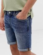Selected Homme Slim Denim Shorts In Mid Blue Denim - Blue