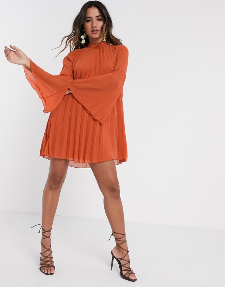 Asos Design Pleated Trapeze Mini Dress With Fluted Sleeve In Rust-red